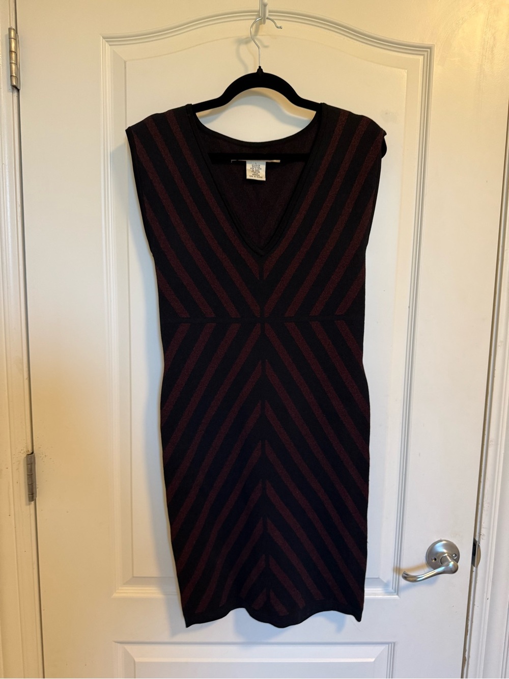 Max Studio Sleeveless V-Neck Chevron Stripe Dress - Black & Burgundy